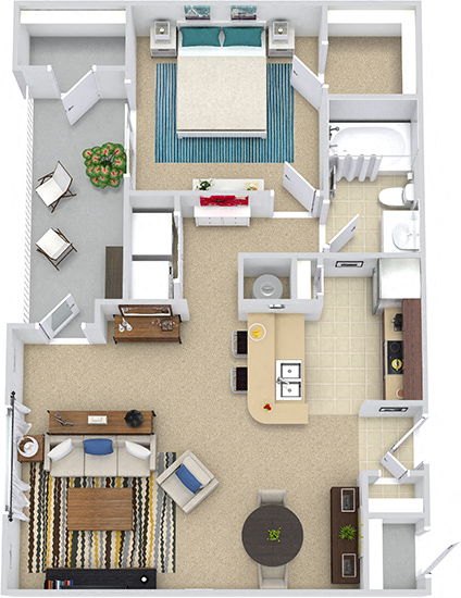 Floor plan for 1 bed, 1 bath, 722 sqft