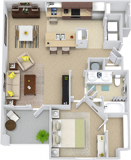 Floor plan for 1 bed, 1 bath, 809 sqft