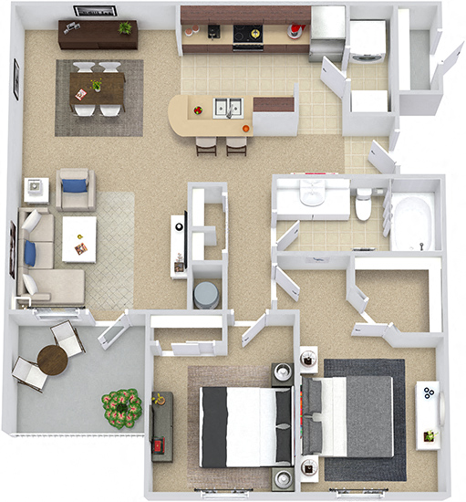 Floor plan for 2 beds, 1 bath, 983 sqft