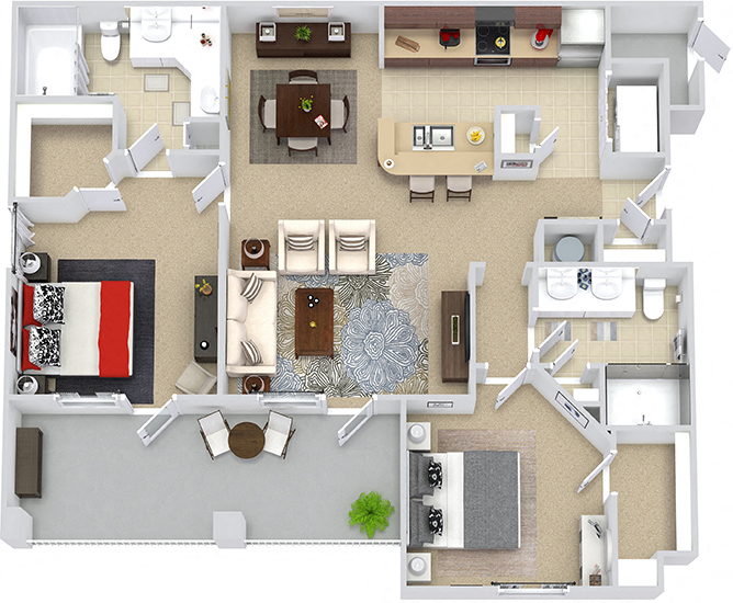 Floor plan for 2 beds, 2 baths, 1122 sqft