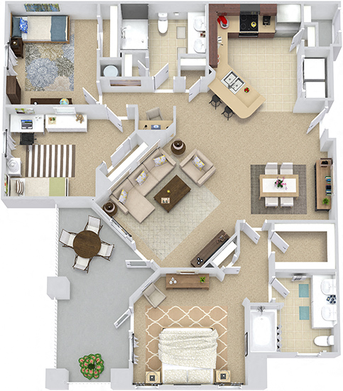 Floor plan for 3 beds, 2 baths, 1332 sqft