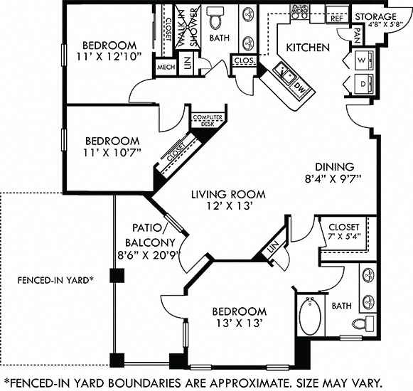 Floor plan for 3 beds, 2 baths, 1332 sqft