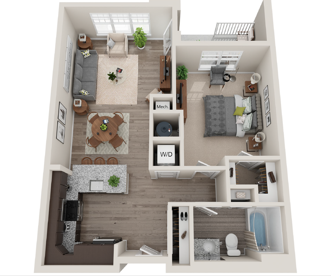 Floor plan for 1 bed, 1 bath, 804 sqft