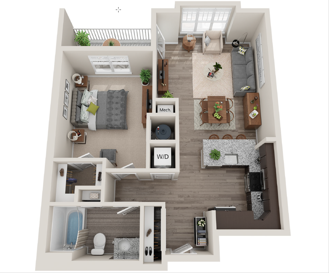 Floor plan for 1 bed, 1 bath, 781 sqft