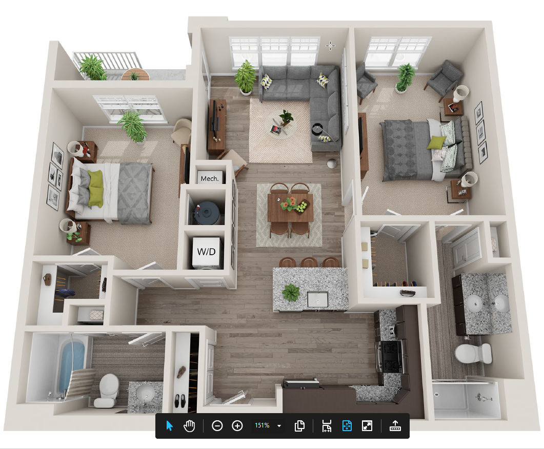 Floor plan for 2 beds, 2 baths, 1116 sqft