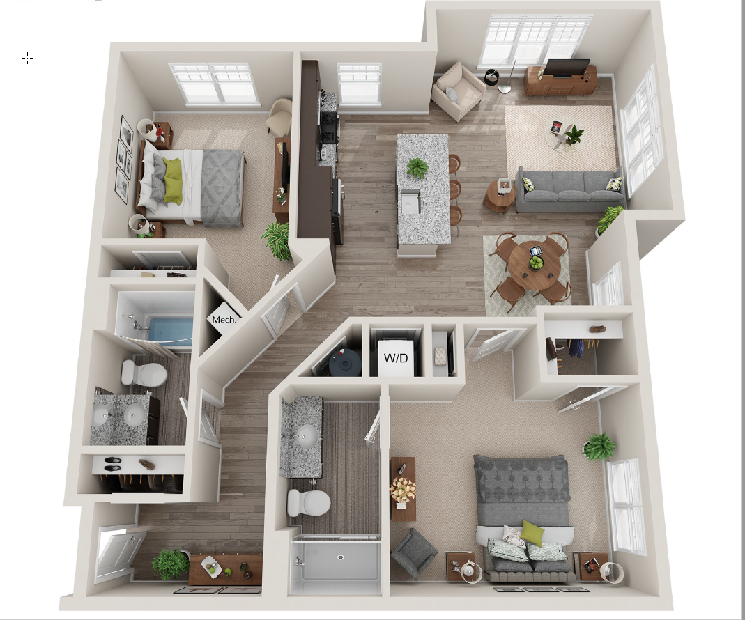 Floor plan for 2 beds, 2 baths, 1182 sqft