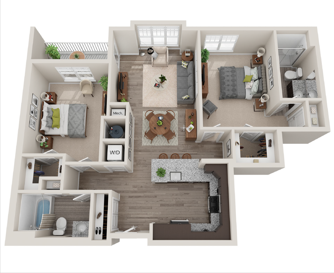 Floor plan for 2 beds, 2 baths, 1176 sqft
