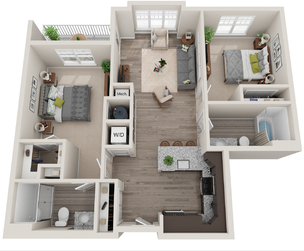 Floor plan for 2 beds, 2 baths, 1020 sqft