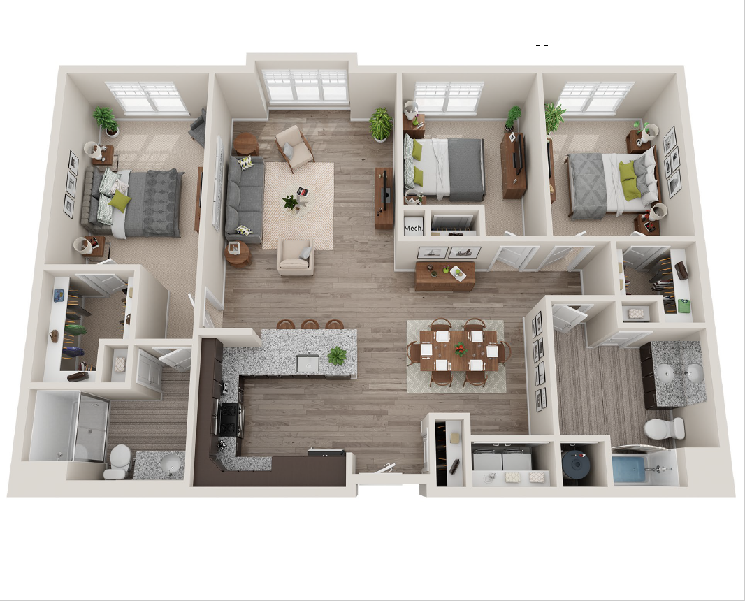 Floor plan for 3 beds, 2 baths, 1432 sqft