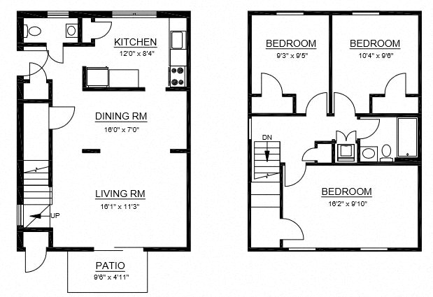 Floor plan for 3 beds, 1.5 baths, 1229 sqft