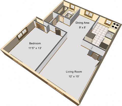 Floor plan for 1 bed, 1 bath, 700 sqft