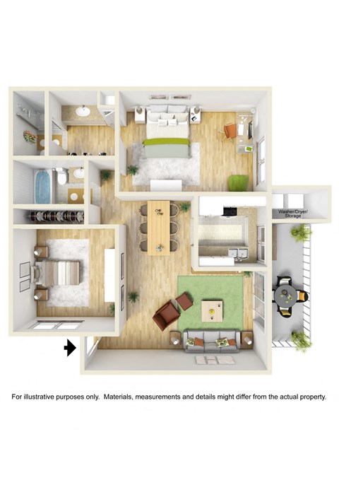 Floor plan for 2 beds, 2 baths, 931 sqft