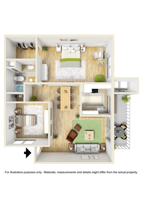 Floor plan for 2 beds, 1 bath, 931 sqft