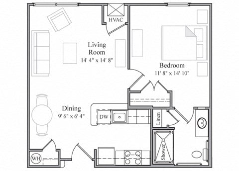 Floor plan for 1 bed, 1 bath, 643 sqft