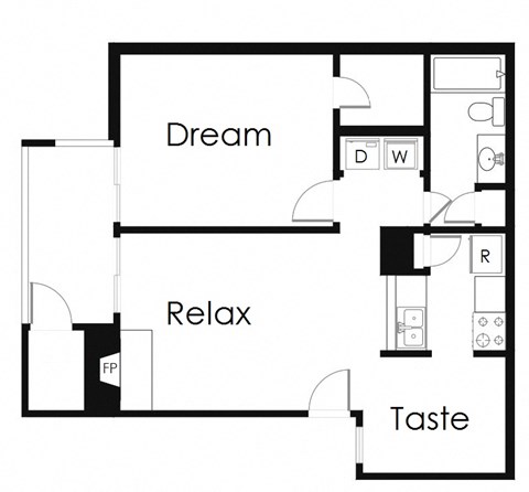 Floor plan for 1 bed, 1 bath, 623 sqft