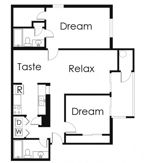 Floor plan for 2 beds, 2 baths, 941 sqft