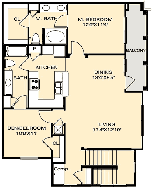 Floor plan for 2 beds, 2 baths, 1172 sqft