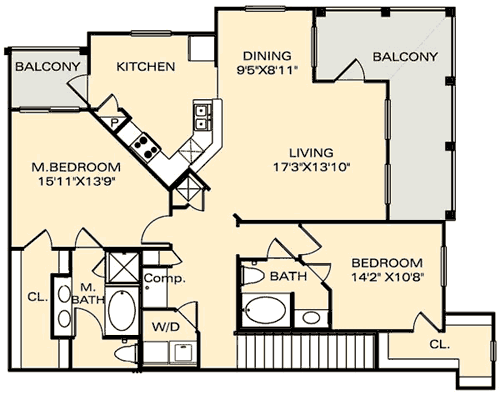 Floor plan for 2 beds, 2 baths, 1397 sqft
