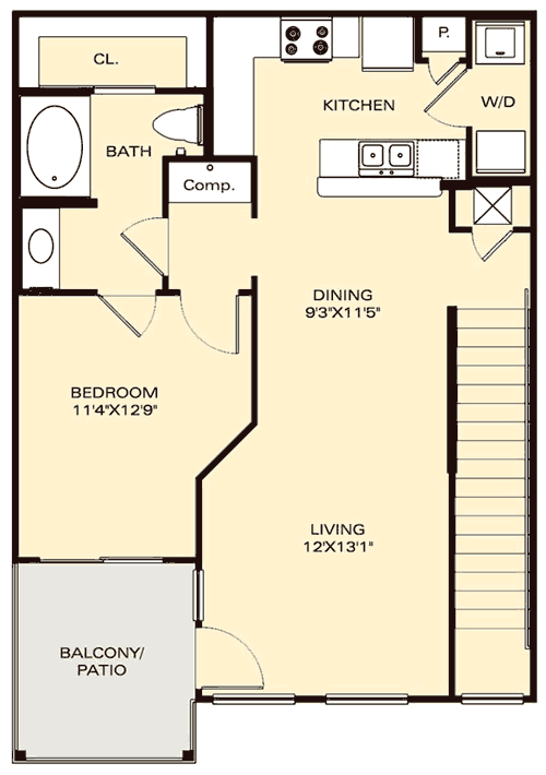 Floor plan for 1 bed, 1 bath, 748 sqft