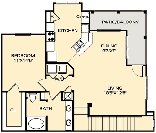 Floor plan for 1 bed, 1 bath, 1004 sqft