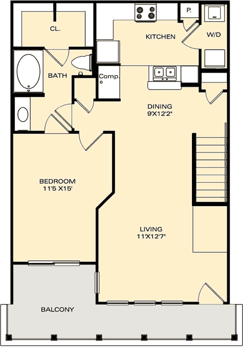 Floor plan for 1 bed, 1 bath, 909 sqft