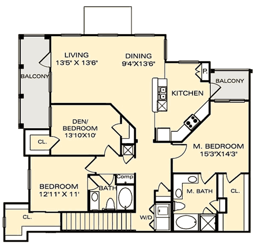 Floor plan for 3 beds, 2 baths, 1600 sqft