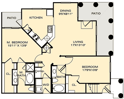Floor plan for 2 beds, 2 baths, 1290 sqft