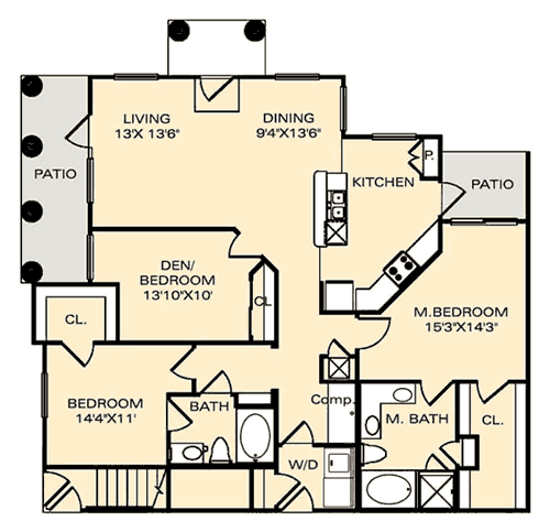 Floor plan for 3 beds, 2 baths, 1487 sqft