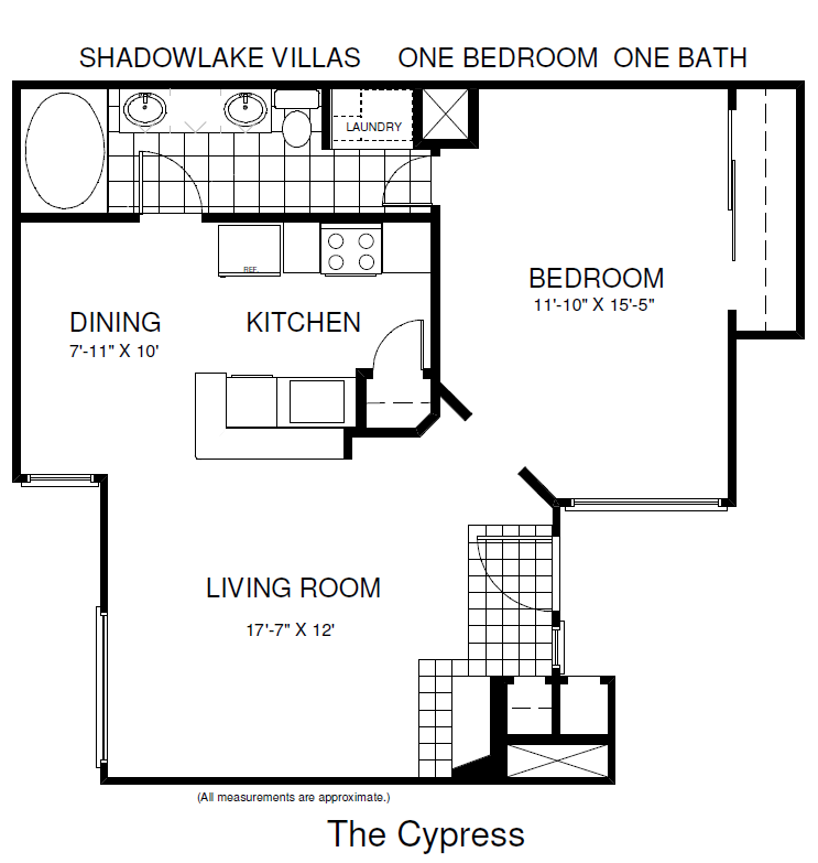 Floor plan for 1 bed, 1 bath, 698 sqft