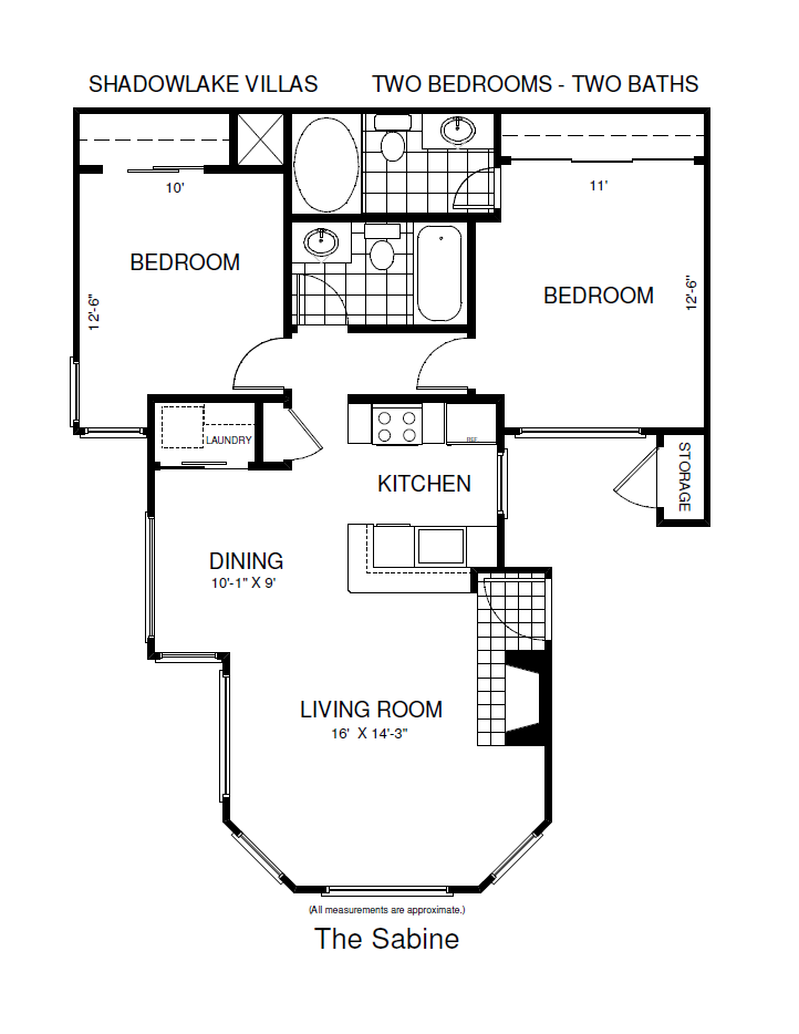 Floor plan for 2 beds, 2 baths, 895 sqft