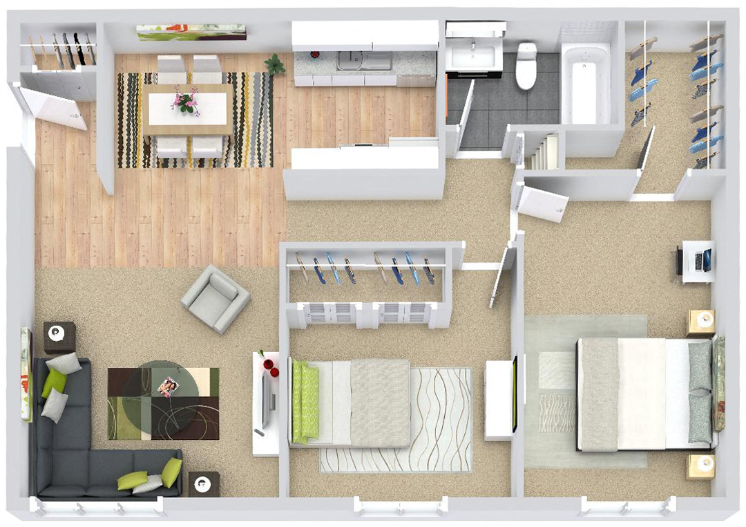 Floor plan for 2 beds, 1 bath, 820 sqft