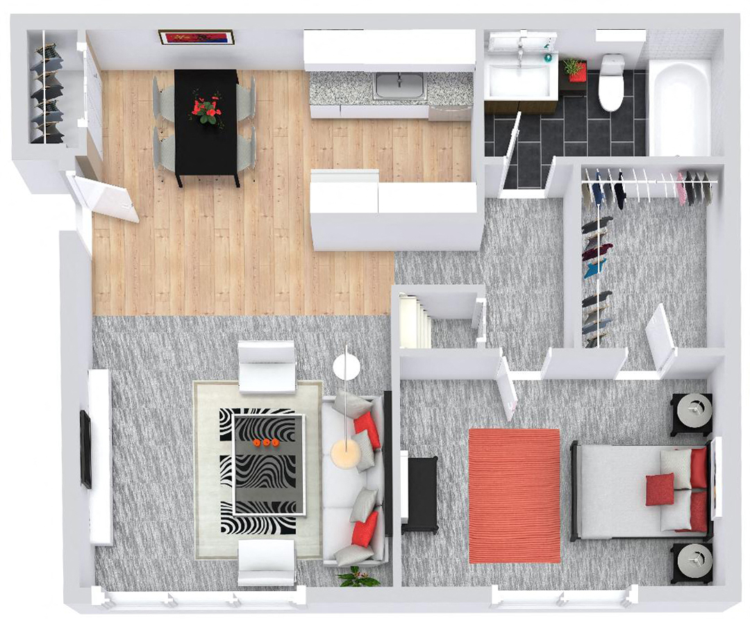 Floor plan for 1 bed, 1 bath, 650 sqft
