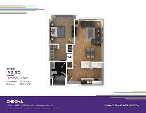 Floor plan for 1 bed, 1 bath, 600 sqft