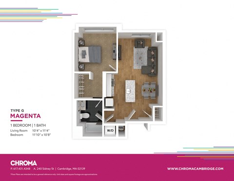Floor plan for 1 bed, 1 bath, 572 sqft