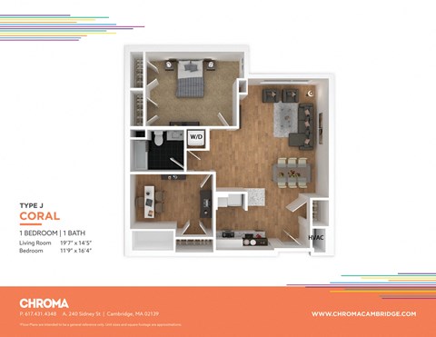 Floor plan for 1 bed, 1 bath, 855 sqft