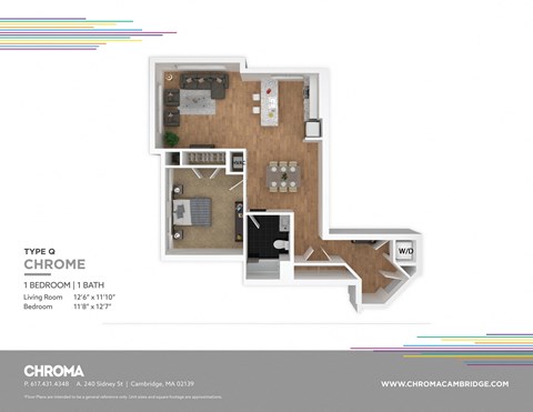 Floor plan for 1 bed, 1 bath, 752 sqft