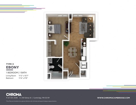 Floor plan for 1 bed, 1 bath, 562 sqft