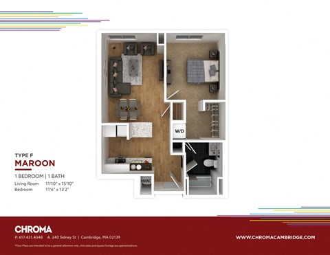 Floor plan for 1 bed, 1 bath, 605 sqft
