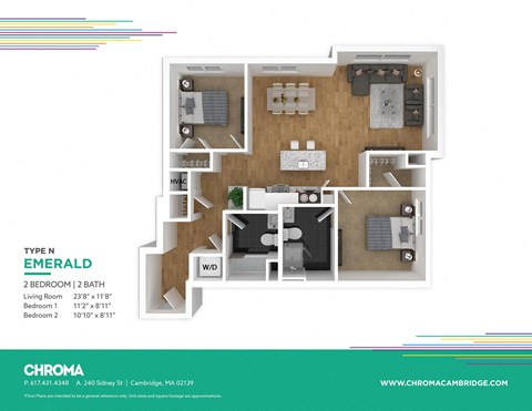 Floor plan for 2 beds, 2 baths, 928 sqft