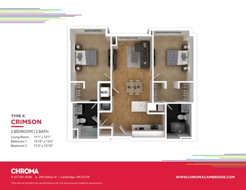 Floor plan for 2 beds, 2 baths, 896 sqft