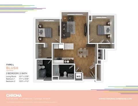 Floor plan for 2 beds, 2 baths, 889 sqft