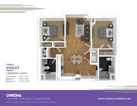Floor plan for 2 beds, 2 baths, 889 sqft