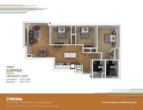 Floor plan for 3 beds, 2 baths, 1222 sqft