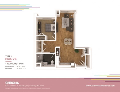 Floor plan for 1 bed, 1 bath, 674 sqft