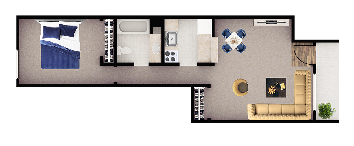 Floor plan for 1 bed, 1 bath, 563 sqft