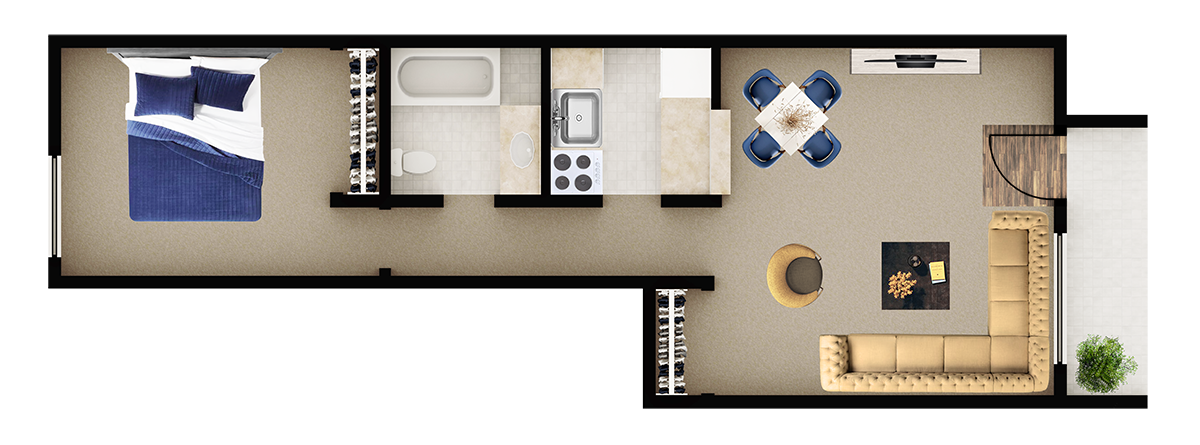 Floor plan for 1 bed, 1 bath, 600 sqft
