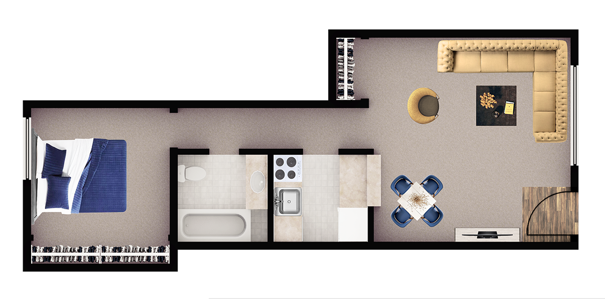 Floor plan for 1 bed, 1 bath, 655 sqft