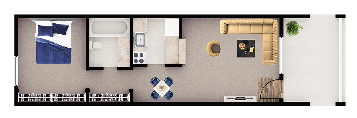 Floor plan for 1 bed, 1 bath, 658 sqft