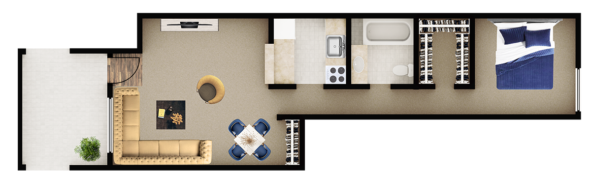 Floor plan for 1 bed, 1 bath, 667 sqft
