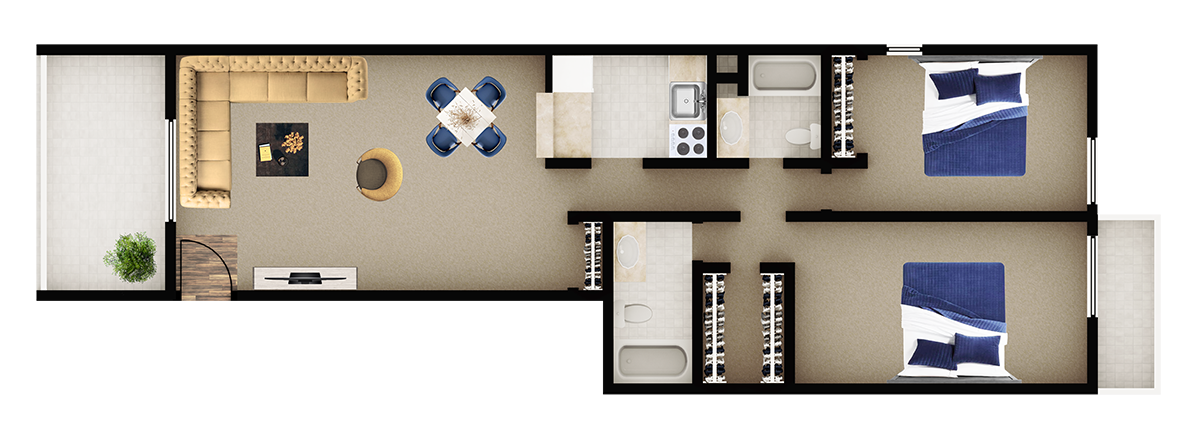 Floor plan for 2 beds, 2 baths, 888 sqft